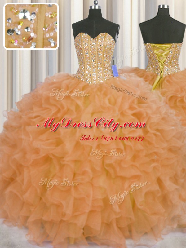 Visible Boning Sleeveless Lace Up Floor Length Beading and Ruffles and Sashes ribbons Quinceanera Gowns