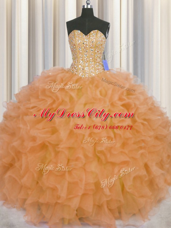 Visible Boning Sleeveless Lace Up Floor Length Beading and Ruffles and Sashes ribbons Quinceanera Gowns