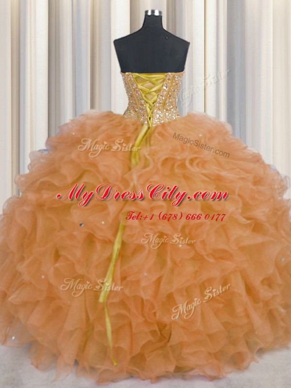 Visible Boning Sleeveless Lace Up Floor Length Beading and Ruffles and Sashes ribbons Quinceanera Gowns