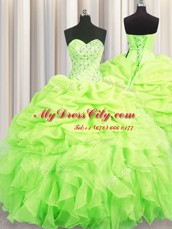 Deluxe Sleeveless Floor Length Beading and Ruffles and Pick Ups Lace Up Quinceanera Gown with Yellow Green