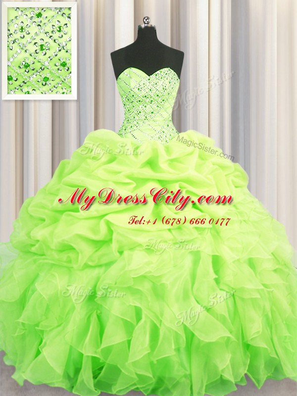 Deluxe Sleeveless Floor Length Beading and Ruffles and Pick Ups Lace Up Quinceanera Gown with Yellow Green