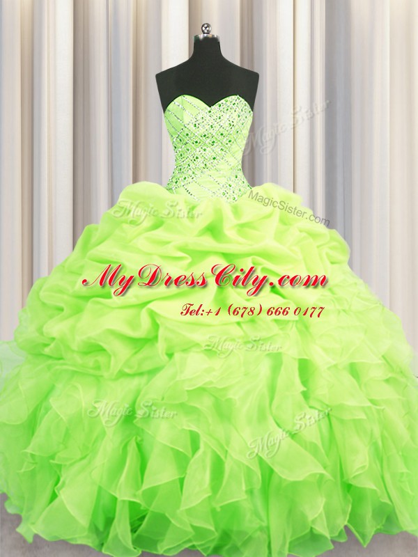 Deluxe Sleeveless Floor Length Beading and Ruffles and Pick Ups Lace Up Quinceanera Gown with Yellow Green