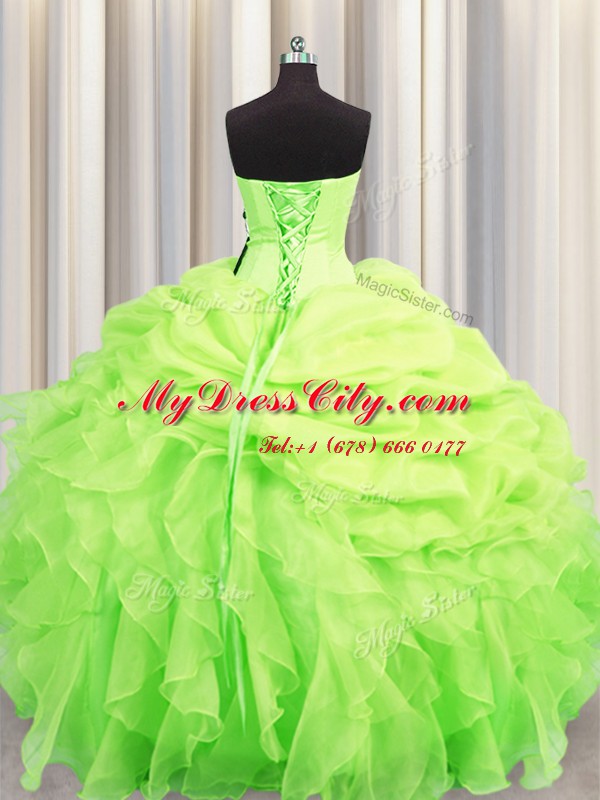 Deluxe Sleeveless Floor Length Beading and Ruffles and Pick Ups Lace Up Quinceanera Gown with Yellow Green