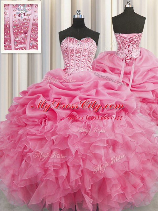 Visible Boning Beading and Ruffles and Pick Ups Quinceanera Gown Rose Pink Lace Up Sleeveless Floor Length