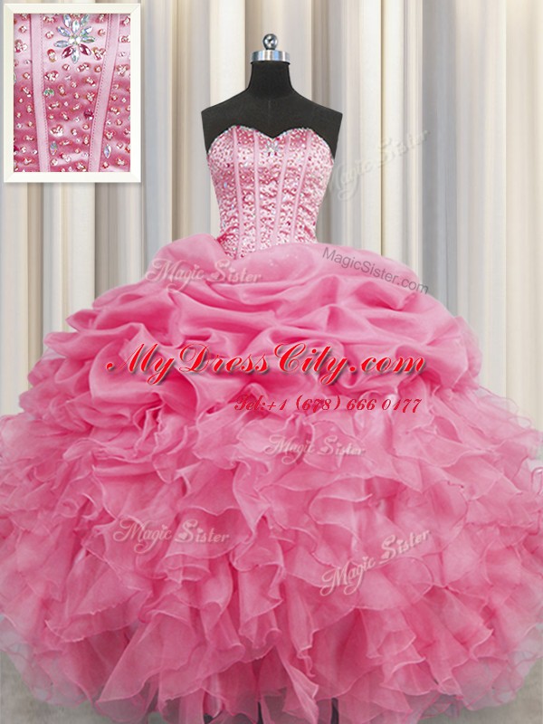 Visible Boning Beading and Ruffles and Pick Ups Quinceanera Gown Rose Pink Lace Up Sleeveless Floor Length