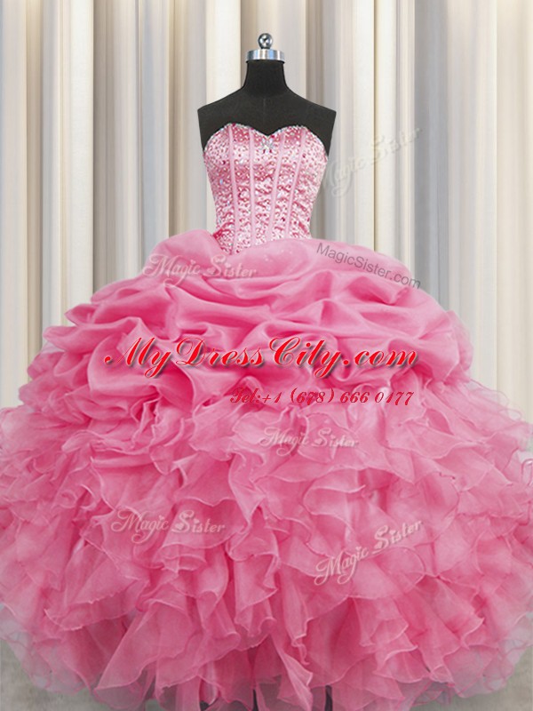 Visible Boning Beading and Ruffles and Pick Ups Quinceanera Gown Rose Pink Lace Up Sleeveless Floor Length