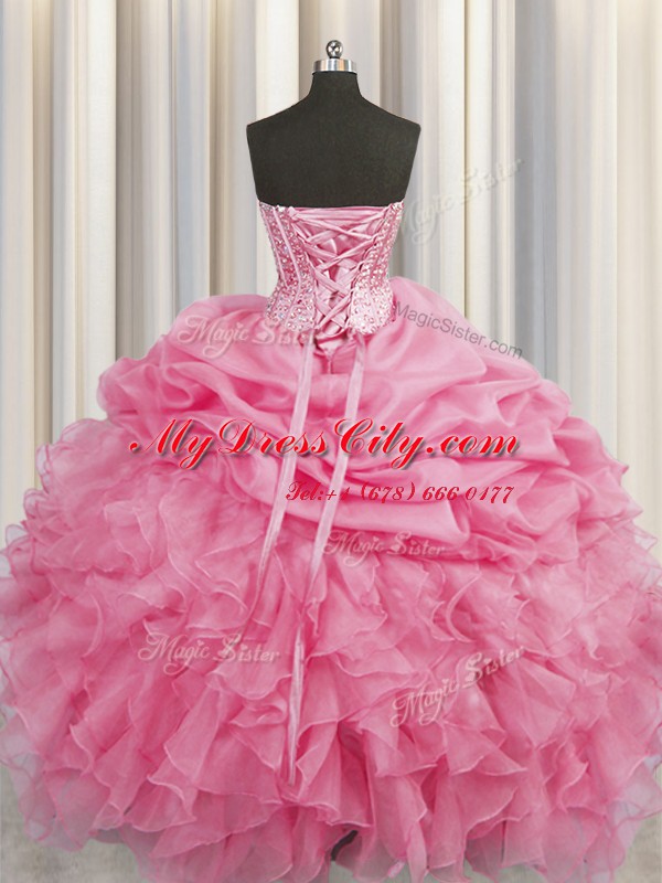 Visible Boning Beading and Ruffles and Pick Ups Quinceanera Gown Rose Pink Lace Up Sleeveless Floor Length