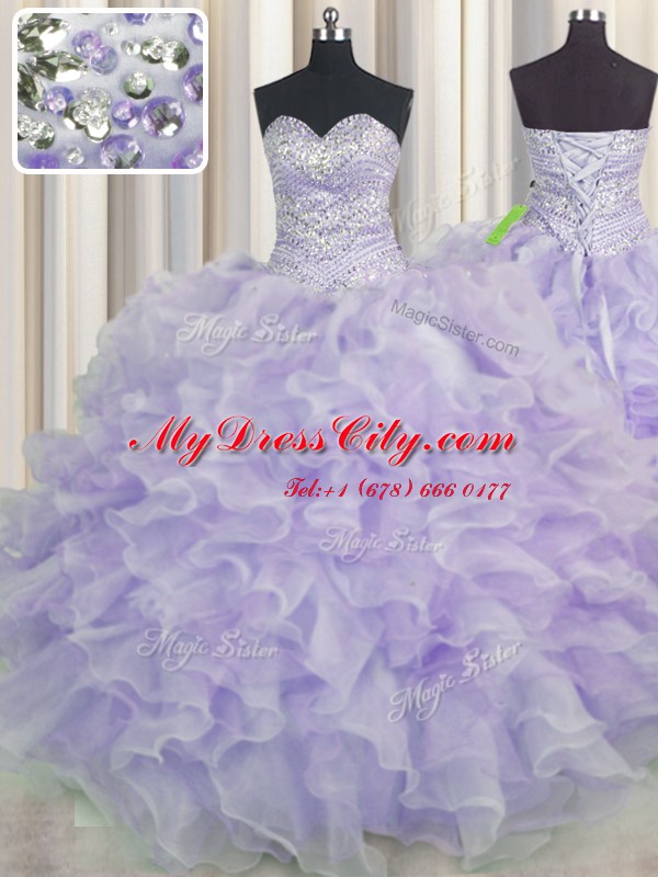 Lavender Sleeveless Beading and Ruffles Floor Length 15 Quinceanera Dress