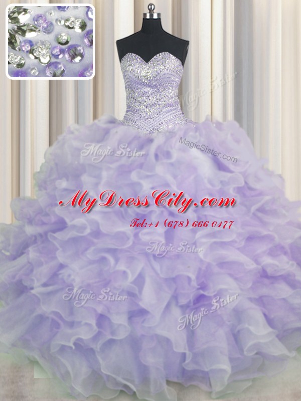 Lavender Sleeveless Beading and Ruffles Floor Length 15 Quinceanera Dress