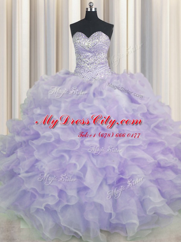 Lavender Sleeveless Beading and Ruffles Floor Length 15 Quinceanera Dress