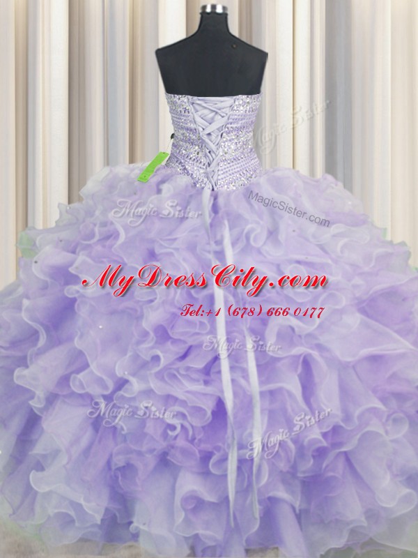 Lavender Sleeveless Beading and Ruffles Floor Length 15 Quinceanera Dress