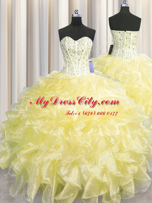 Clearance Visible Boning Zipper Up Organza Sweetheart Sleeveless Zipper Beading and Ruffles Sweet 16 Dresses in Light Yellow