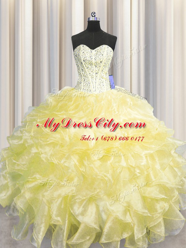 Clearance Visible Boning Zipper Up Organza Sweetheart Sleeveless Zipper Beading and Ruffles Sweet 16 Dresses in Light Yellow