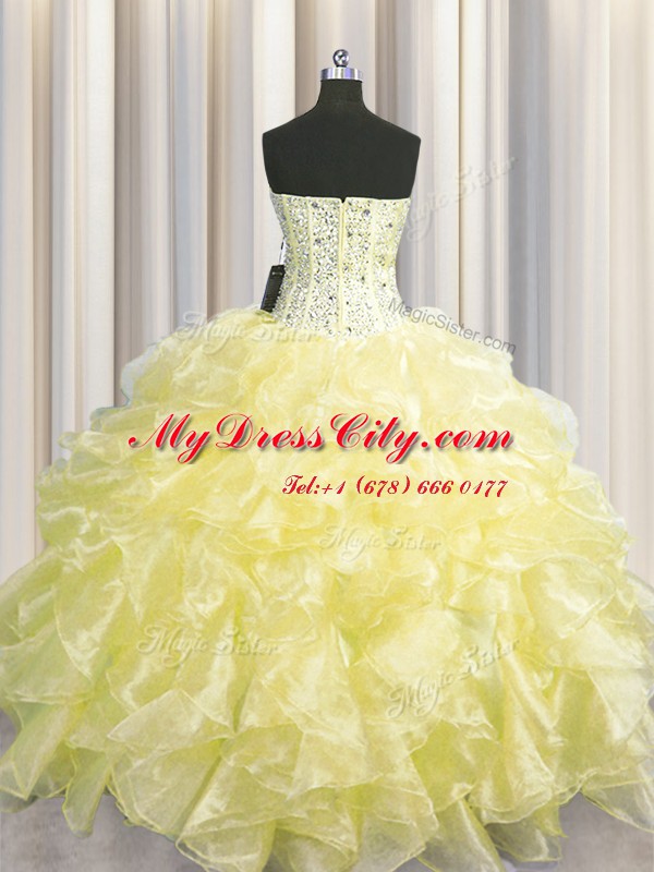 Clearance Visible Boning Zipper Up Organza Sweetheart Sleeveless Zipper Beading and Ruffles Sweet 16 Dresses in Light Yellow