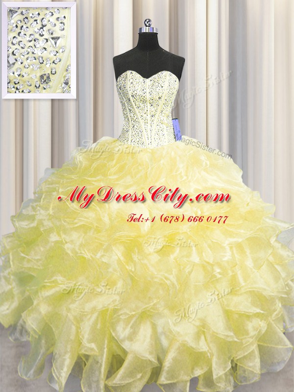 Clearance Visible Boning Zipper Up Organza Sweetheart Sleeveless Zipper Beading and Ruffles Sweet 16 Dresses in Light Yellow