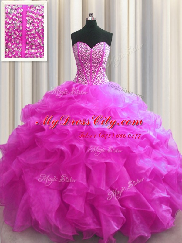 Edgy Visible Boning Sleeveless Floor Length Beading and Ruffles Lace Up 15th Birthday Dress with Fuchsia