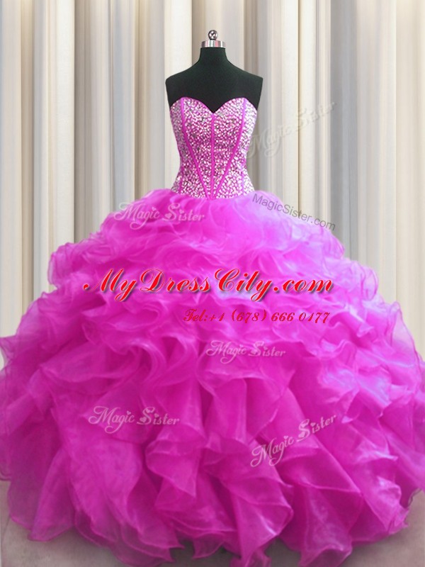 Edgy Visible Boning Sleeveless Floor Length Beading and Ruffles Lace Up 15th Birthday Dress with Fuchsia