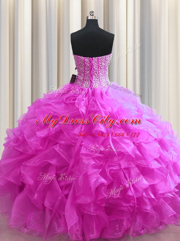 Edgy Visible Boning Sleeveless Floor Length Beading and Ruffles Lace Up 15th Birthday Dress with Fuchsia