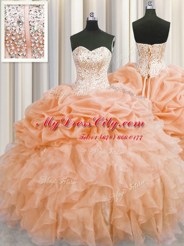 Enchanting Visible Boning Sleeveless Beading and Ruffles Lace Up Quinceanera Gown