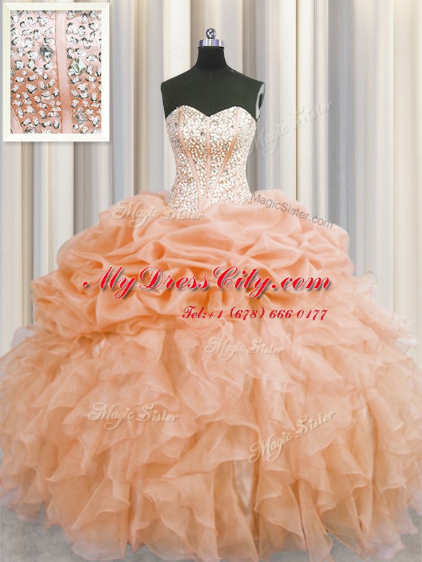 Enchanting Visible Boning Sleeveless Beading and Ruffles Lace Up Quinceanera Gown