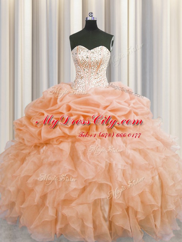 Enchanting Visible Boning Sleeveless Beading and Ruffles Lace Up Quinceanera Gown