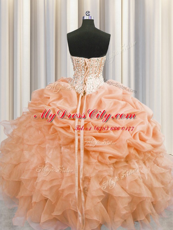 Enchanting Visible Boning Sleeveless Beading and Ruffles Lace Up Quinceanera Gown