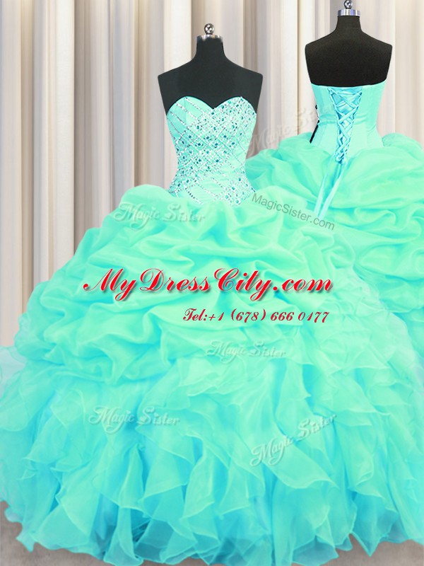 Vintage Turquoise Sweetheart Neckline Beading and Ruffles and Pick Ups Vestidos de Quinceanera Sleeveless Lace Up