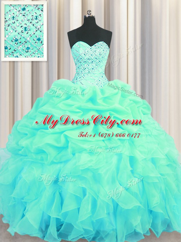 Vintage Turquoise Sweetheart Neckline Beading and Ruffles and Pick Ups Vestidos de Quinceanera Sleeveless Lace Up