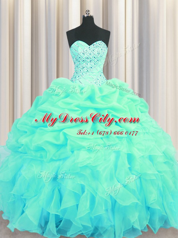 Vintage Turquoise Sweetheart Neckline Beading and Ruffles and Pick Ups Vestidos de Quinceanera Sleeveless Lace Up