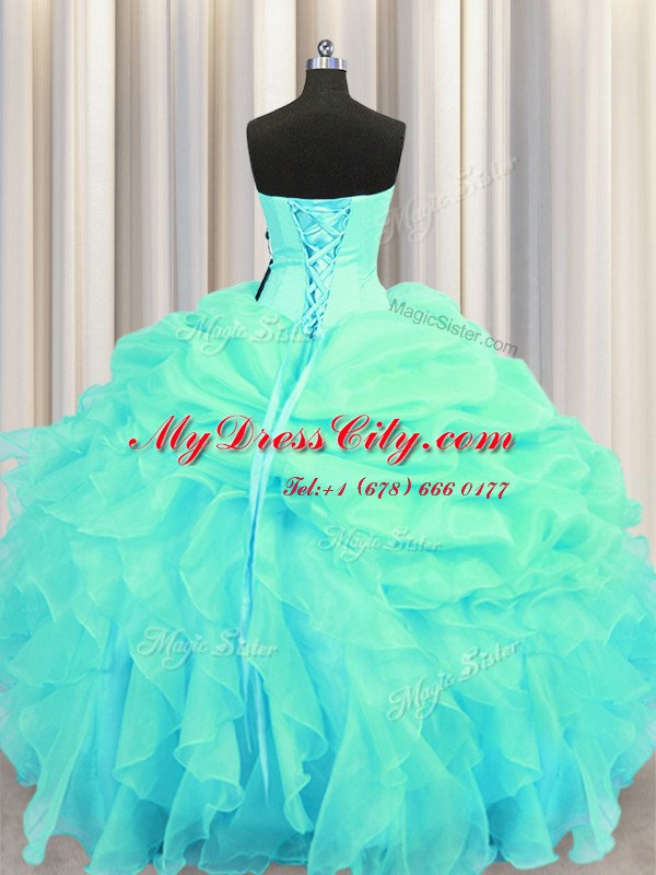 Vintage Turquoise Sweetheart Neckline Beading and Ruffles and Pick Ups Vestidos de Quinceanera Sleeveless Lace Up