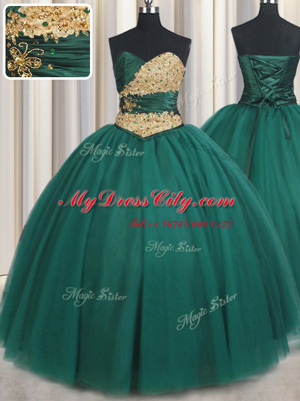 Peacock Green Lace Up Sweetheart Beading and Appliques Quince Ball Gowns Tulle Sleeveless