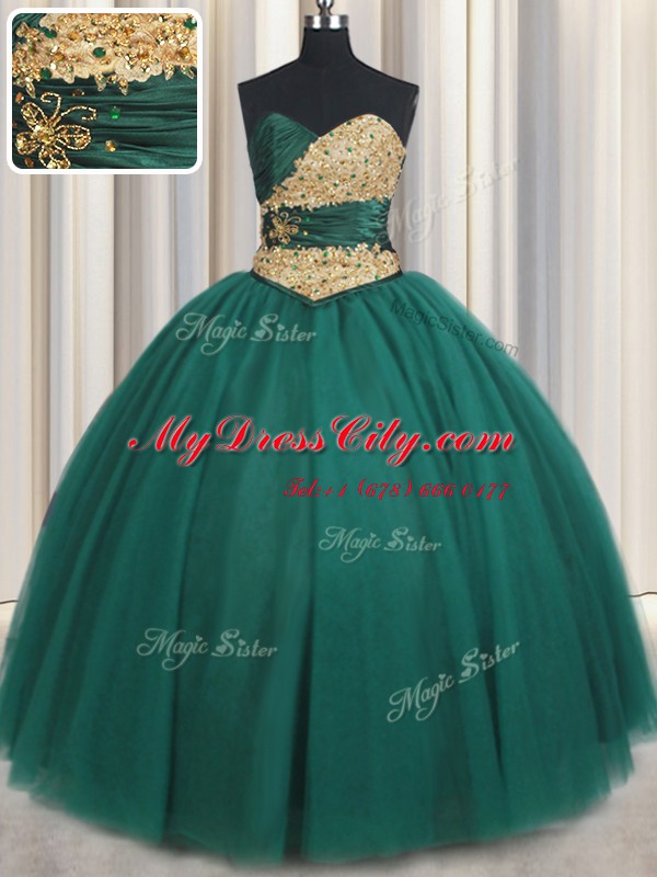 Peacock Green Lace Up Sweetheart Beading and Appliques Quince Ball Gowns Tulle Sleeveless