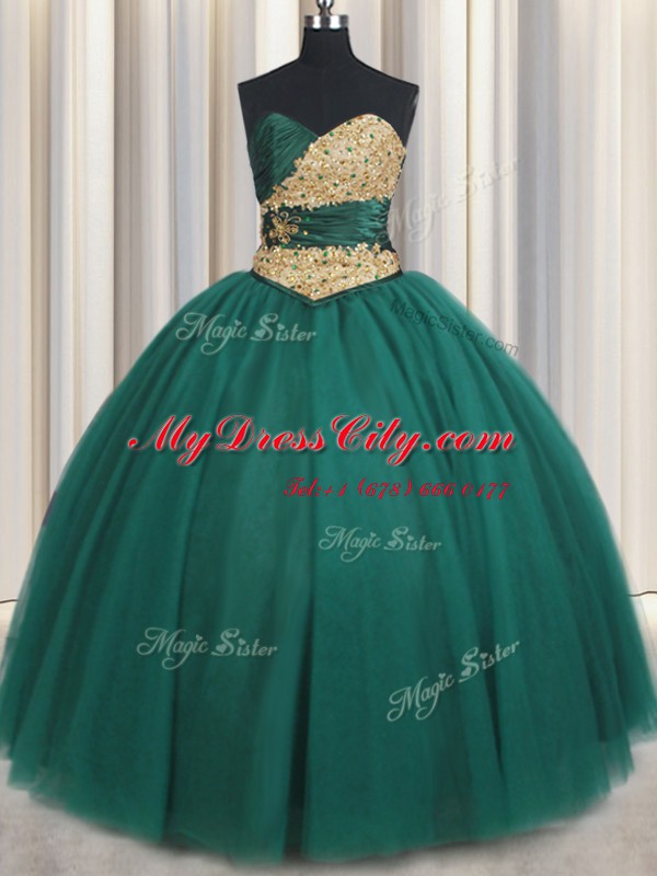 Peacock Green Lace Up Sweetheart Beading and Appliques Quince Ball Gowns Tulle Sleeveless