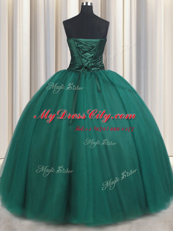 Peacock Green Lace Up Sweetheart Beading and Appliques Quince Ball Gowns Tulle Sleeveless