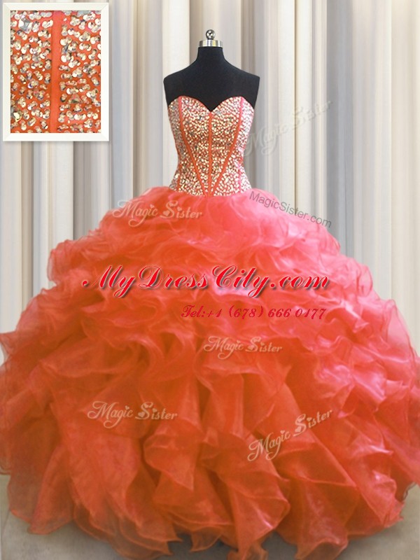 Visible Boning Ball Gowns Sweet 16 Dress Red Sweetheart Organza Sleeveless Floor Length Lace Up