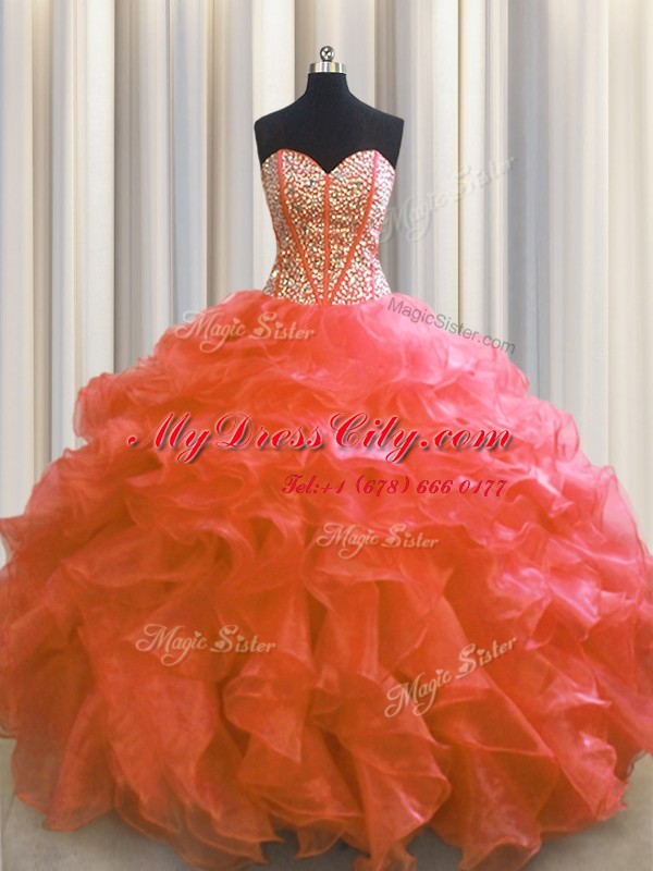 Visible Boning Ball Gowns Sweet 16 Dress Red Sweetheart Organza Sleeveless Floor Length Lace Up