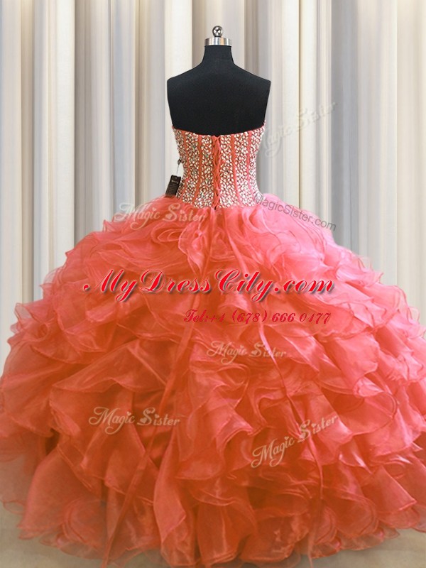 Visible Boning Ball Gowns Sweet 16 Dress Red Sweetheart Organza Sleeveless Floor Length Lace Up