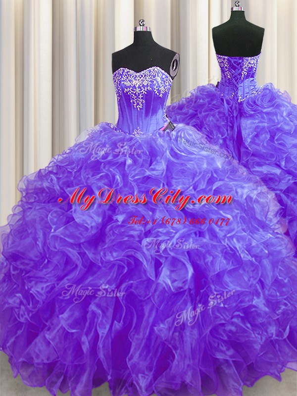 Amazing Purple Vestidos de Quinceanera Military Ball and Sweet 16 and Quinceanera and For with Beading and Ruffles Sweetheart Sleeveless Brush Train Lace Up