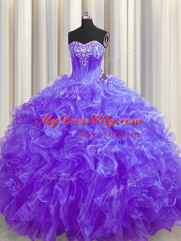 Amazing Purple Vestidos de Quinceanera Military Ball and Sweet 16 and Quinceanera and For with Beading and Ruffles Sweetheart Sleeveless Brush Train Lace Up