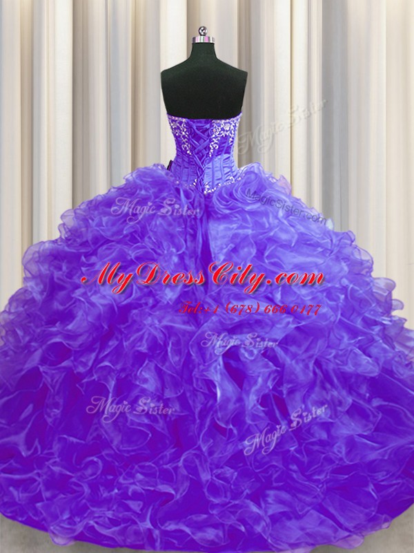 Amazing Purple Vestidos de Quinceanera Military Ball and Sweet 16 and Quinceanera and For with Beading and Ruffles Sweetheart Sleeveless Brush Train Lace Up