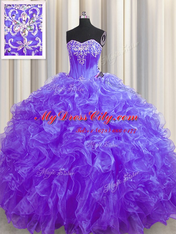 Amazing Purple Vestidos de Quinceanera Military Ball and Sweet 16 and Quinceanera and For with Beading and Ruffles Sweetheart Sleeveless Brush Train Lace Up