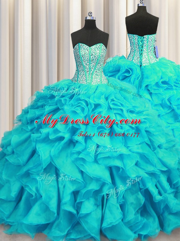 Visible Boning Sweetheart Sleeveless Brush Train Lace Up 15 Quinceanera Dress Aqua Blue Organza