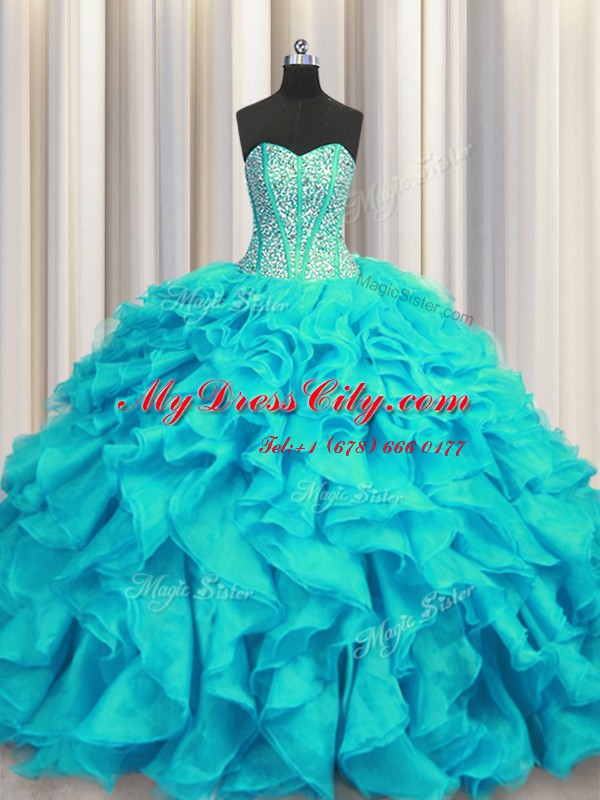 Visible Boning Sweetheart Sleeveless Brush Train Lace Up 15 Quinceanera Dress Aqua Blue Organza