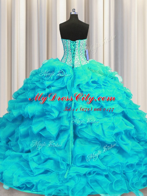 Visible Boning Sweetheart Sleeveless Brush Train Lace Up 15 Quinceanera Dress Aqua Blue Organza