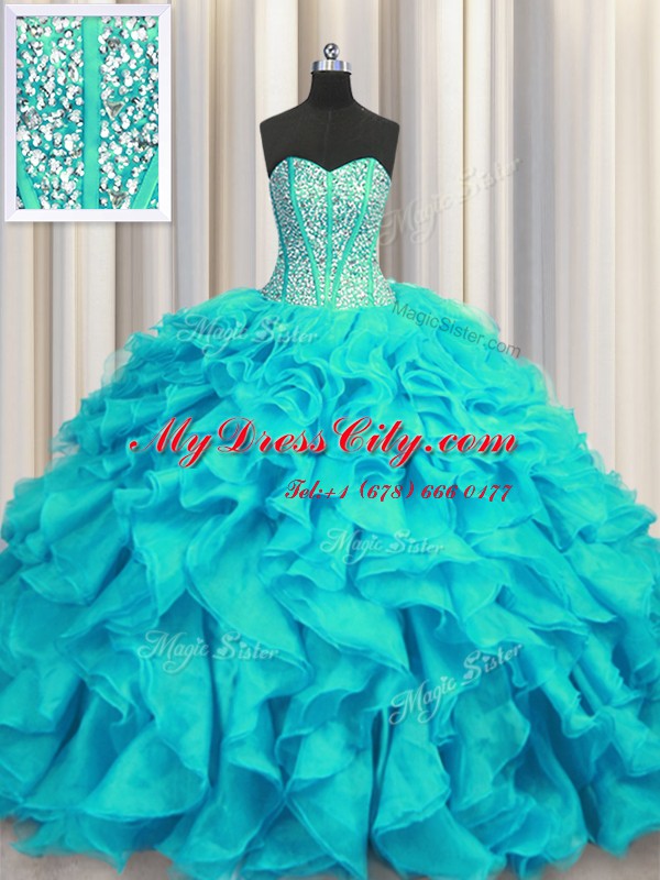 Visible Boning Sweetheart Sleeveless Brush Train Lace Up 15 Quinceanera Dress Aqua Blue Organza