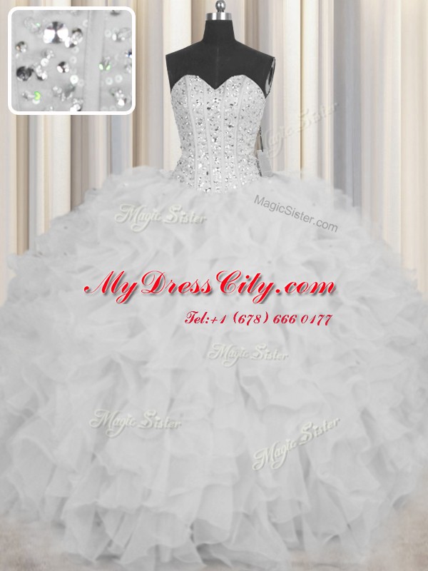 Exceptional Visible Boning White Organza Lace Up Ball Gown Prom Dress Sleeveless Floor Length Beading and Ruffles and Sashes ribbons