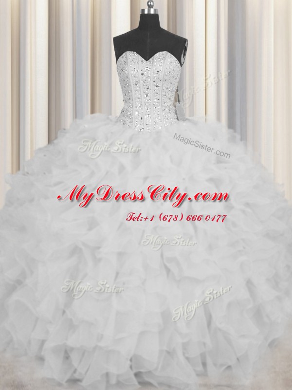 Exceptional Visible Boning White Organza Lace Up Ball Gown Prom Dress Sleeveless Floor Length Beading and Ruffles and Sashes ribbons