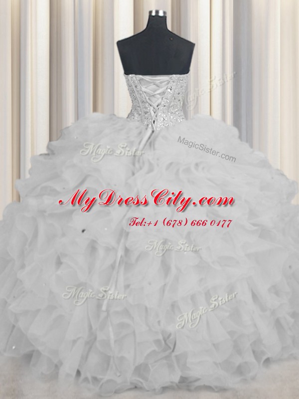 Exceptional Visible Boning White Organza Lace Up Ball Gown Prom Dress Sleeveless Floor Length Beading and Ruffles and Sashes ribbons