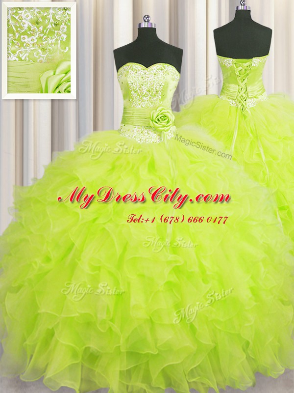 Handcrafted Flower Sleeveless Floor Length Beading and Ruffles and Hand Made Flower Lace Up Sweet 16 Dresses with Yellow Green