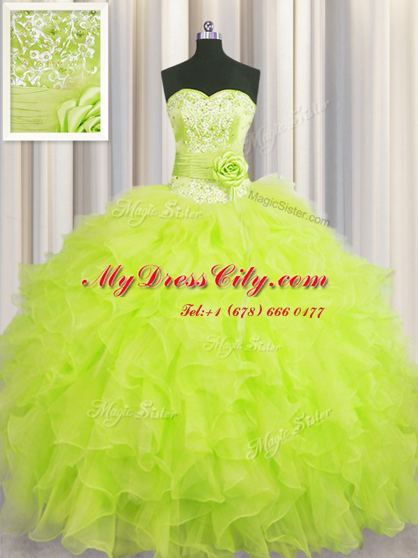 Handcrafted Flower Sleeveless Floor Length Beading and Ruffles and Hand Made Flower Lace Up Sweet 16 Dresses with Yellow Green